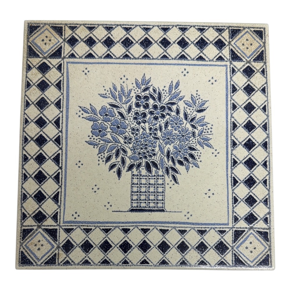Cleo Teissedre Ceramic Floral Farmhouse Blue Tile Trivet 7 7/8" Square EUC Italy
